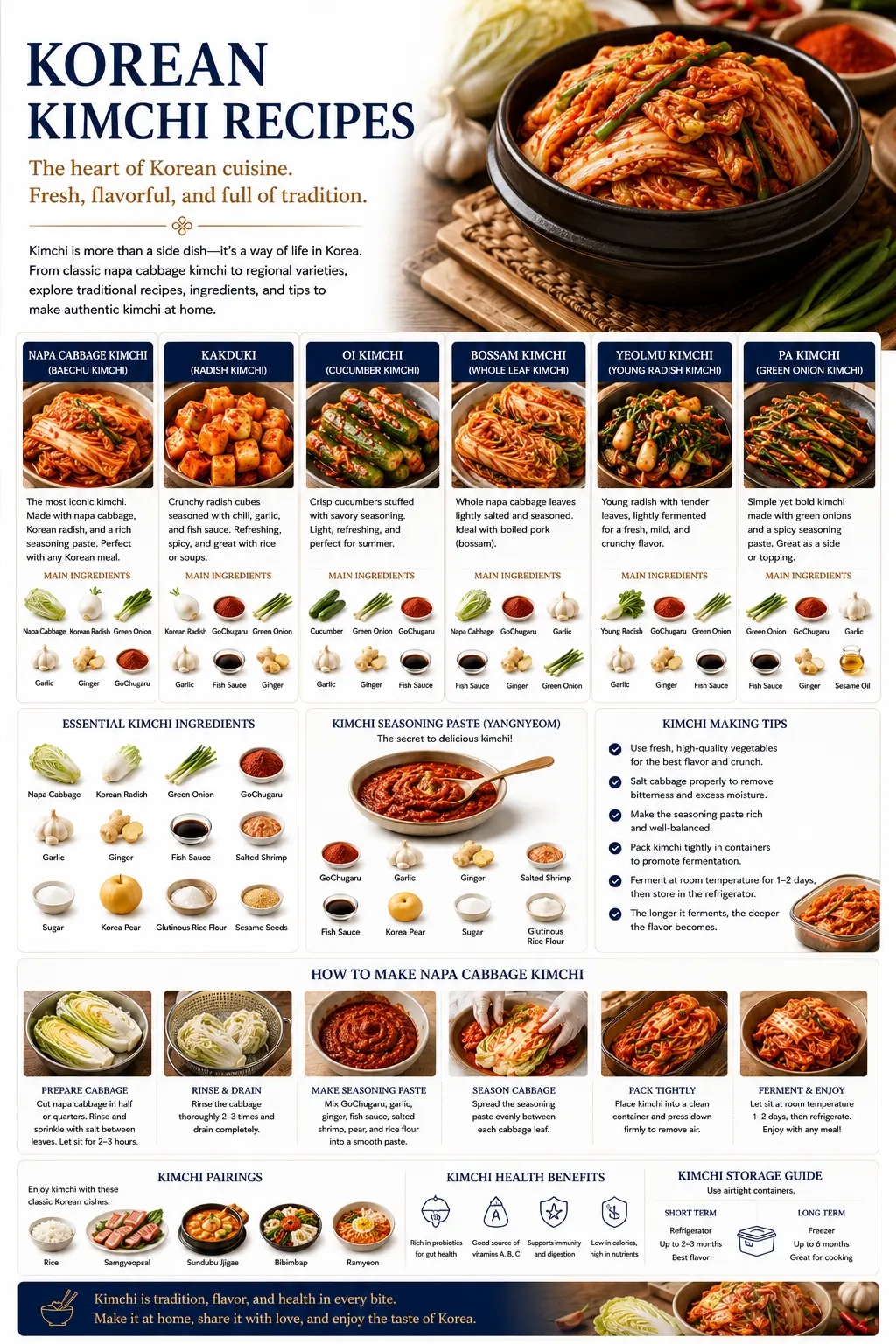 Korean Kimchi Recipes — napa cabbage kimchi, kakduki, oi kimchi, bossam kimchi, yeolmu kimchi and pa kimchi