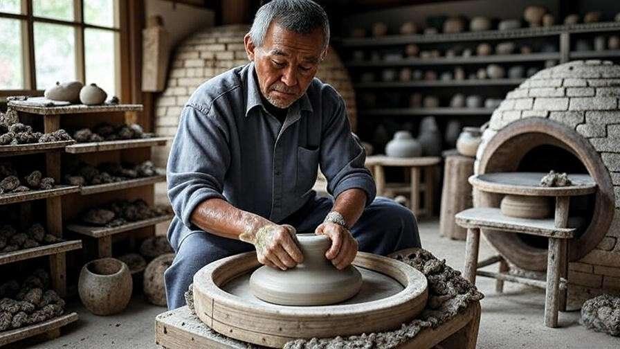 A veteran potter shaping a vessel on a manual wheel in a traditional workshop with a brick kiln behind
