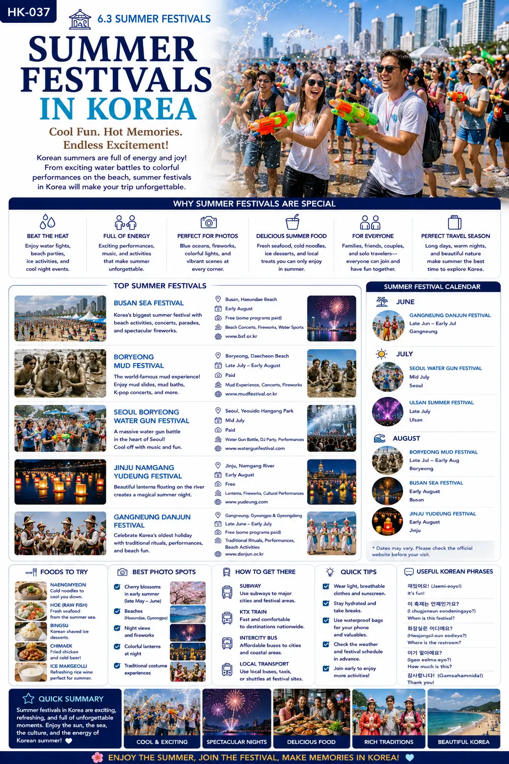 Summer festivals in Korea infographic — why summer festivals are special, top summer festivals, summer festival calendar, foods to try, best photo spots, how to get there and quick tips