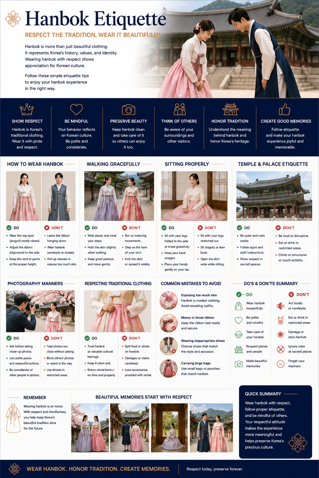 Hanbok etiquette infographic — how to wear Hanbok, walking gracefully, sitting properly, temple and palace etiquette, photography manners, common mistakes to avoid and do's and don'ts