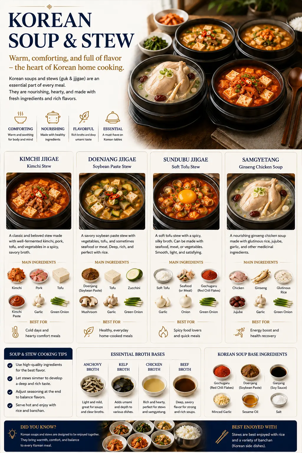 Korean Soup & Stew — kimchi jjigae, doenjang jjigae, sundubu jjigae and samgyetang