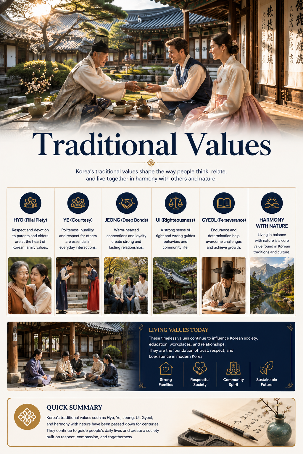 Traditional values infographic — Hyo filial piety, Ye courtesy, Jeong deep bonds, Ui righteousness, Gyeol perseverance and harmony with nature