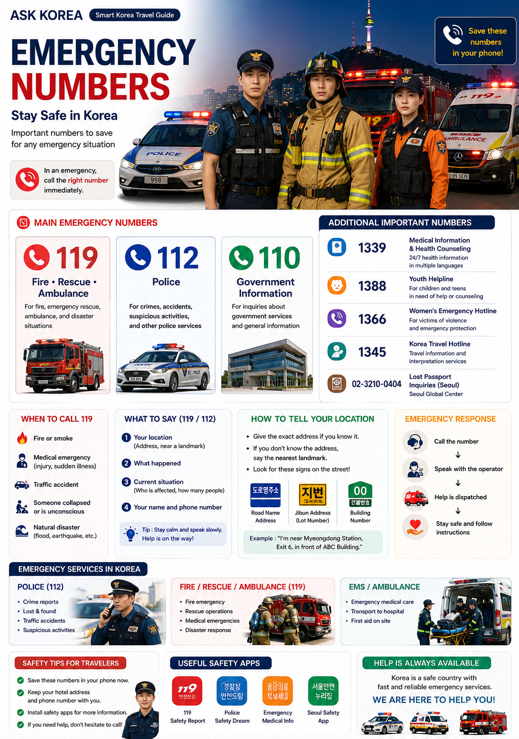 Emergency Numbers infographic — ASK KOREA guide.