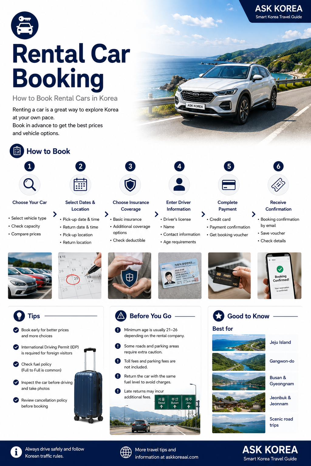 Rental Car Booking infographic — ASK KOREA guide.