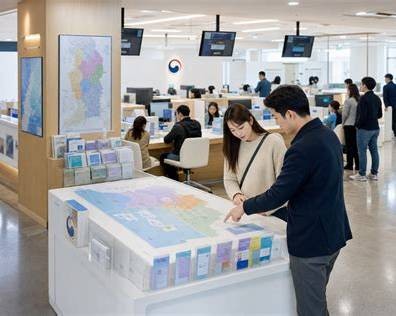 A photograph of people at an immigration office counter looking at maps and documents.