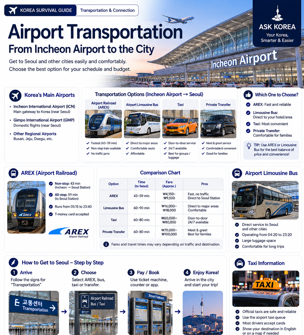 Airport Transportation — ASK KOREA infographic on airport transfers in Korea covering AREX, airport bus, taxi, terminals, and last-train times.