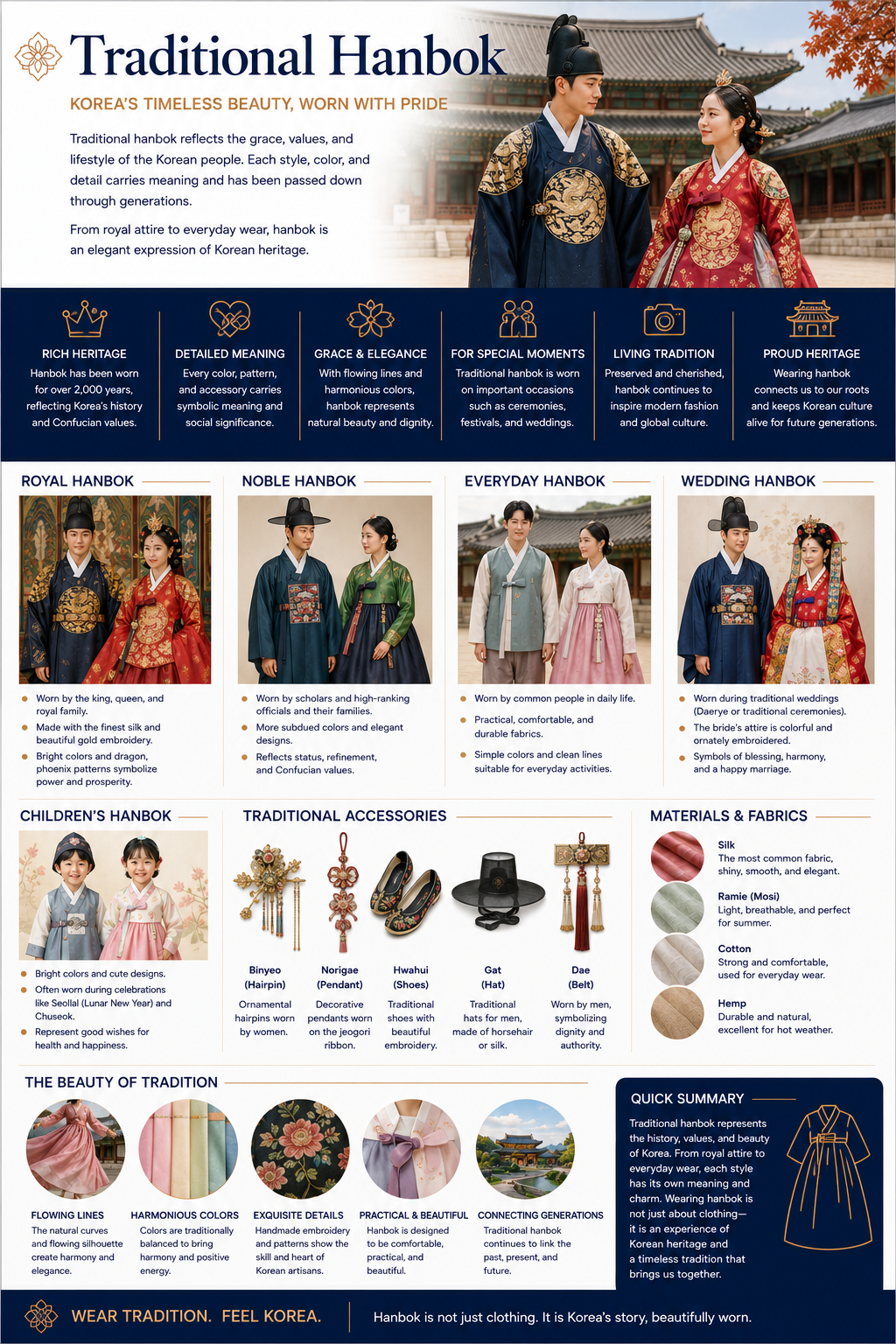 Traditional Hanbok infographic — royal, noble, everyday and wedding Hanbok, children's Hanbok, traditional accessories, materials and fabrics and the beauty of tradition