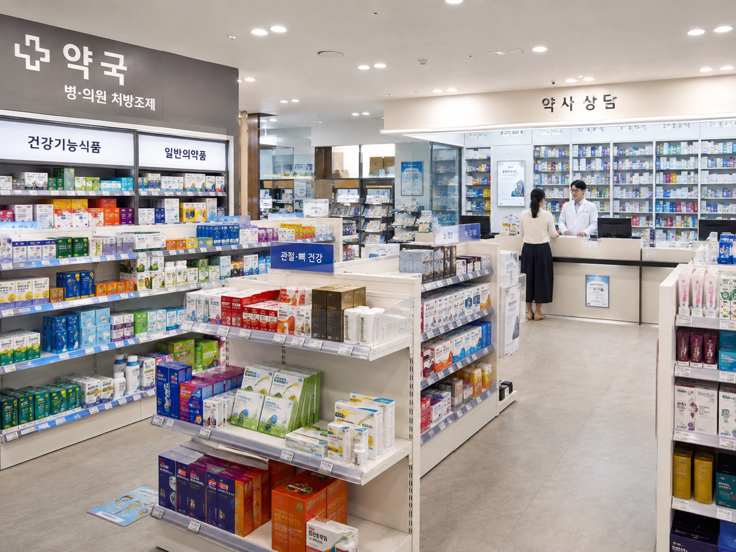 Pharmacist advising international visitors at a Korean pharmacy counter