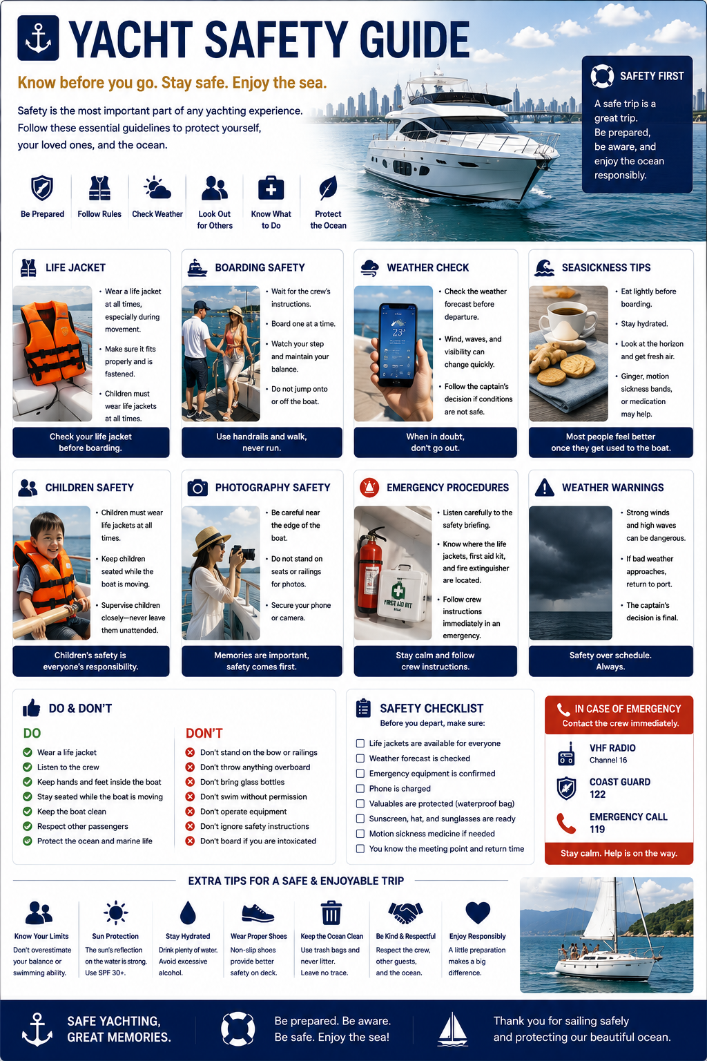 Yacht safety guide infographic — life jackets, boarding safety, weather checks, seasickness tips, children's safety, emergency procedures, do and don't list and safety checklist