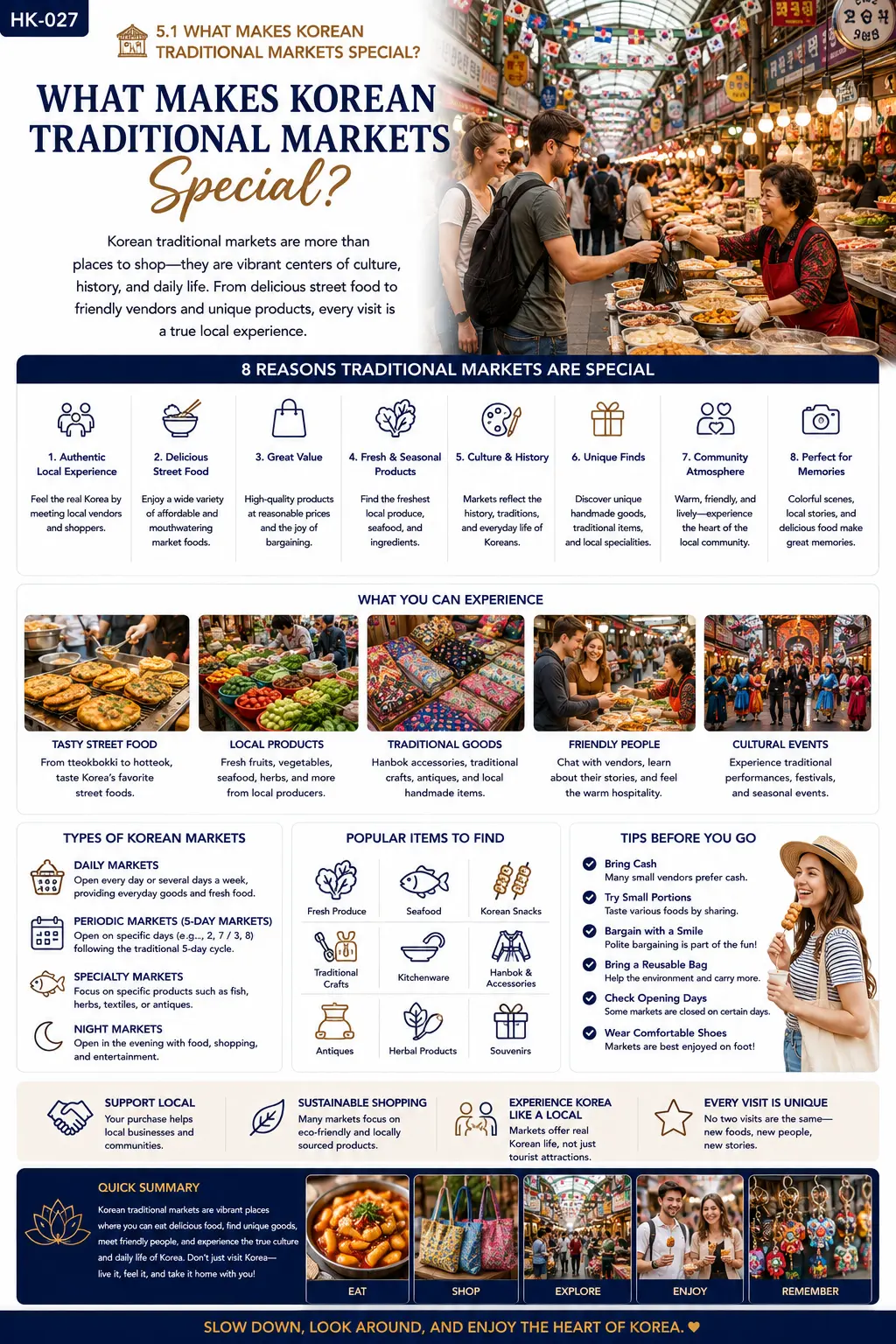 What makes Korean traditional markets special infographic — reasons markets are special, what you can experience, types of Korean markets, popular items to find and tips before you go