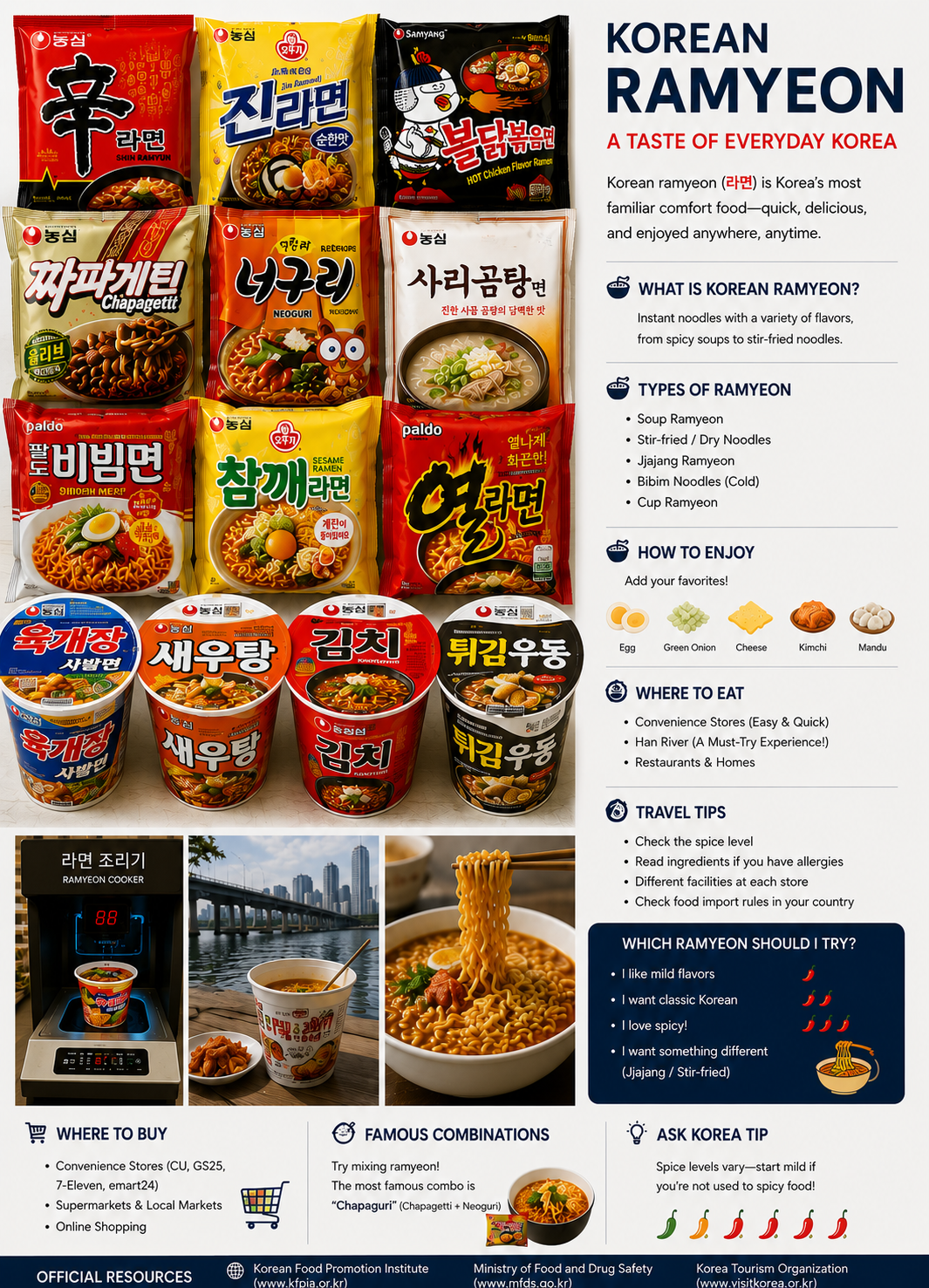 Korean Ramyeon — popular varieties, spice levels, toppings and convenience-store ramyeon