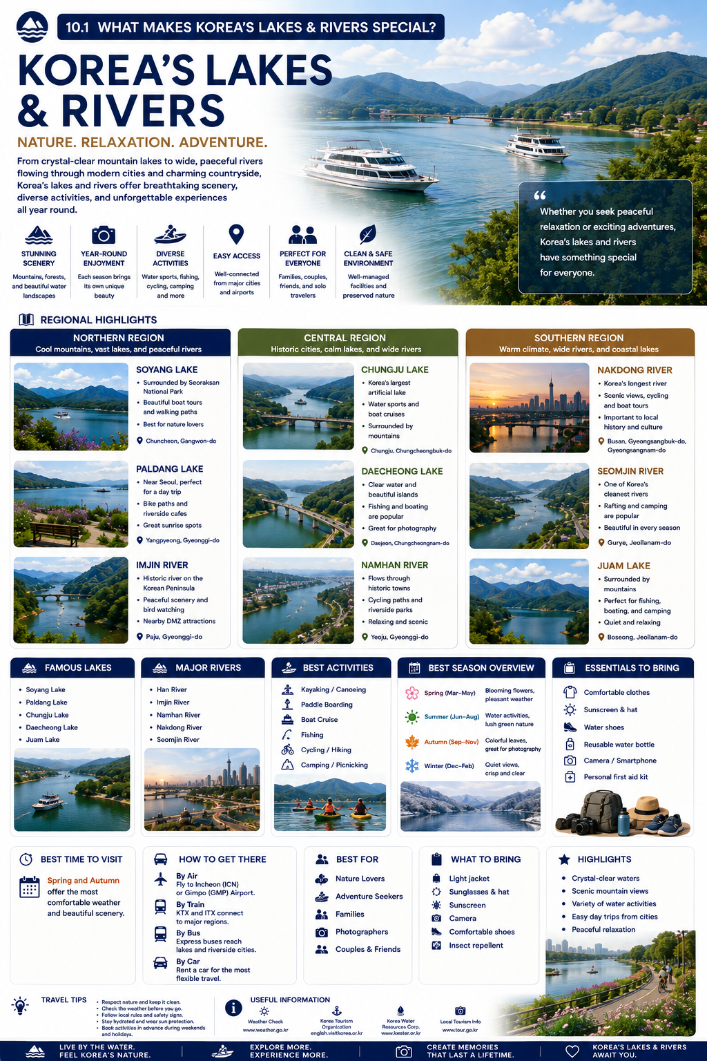 Korea's lakes and rivers infographic — regional highlights, famous lakes, major rivers, best activities, best season overview, essentials to bring and travel tips