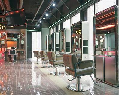 Premium Seoul hair salon interior with polished floors and mirrored styling booths