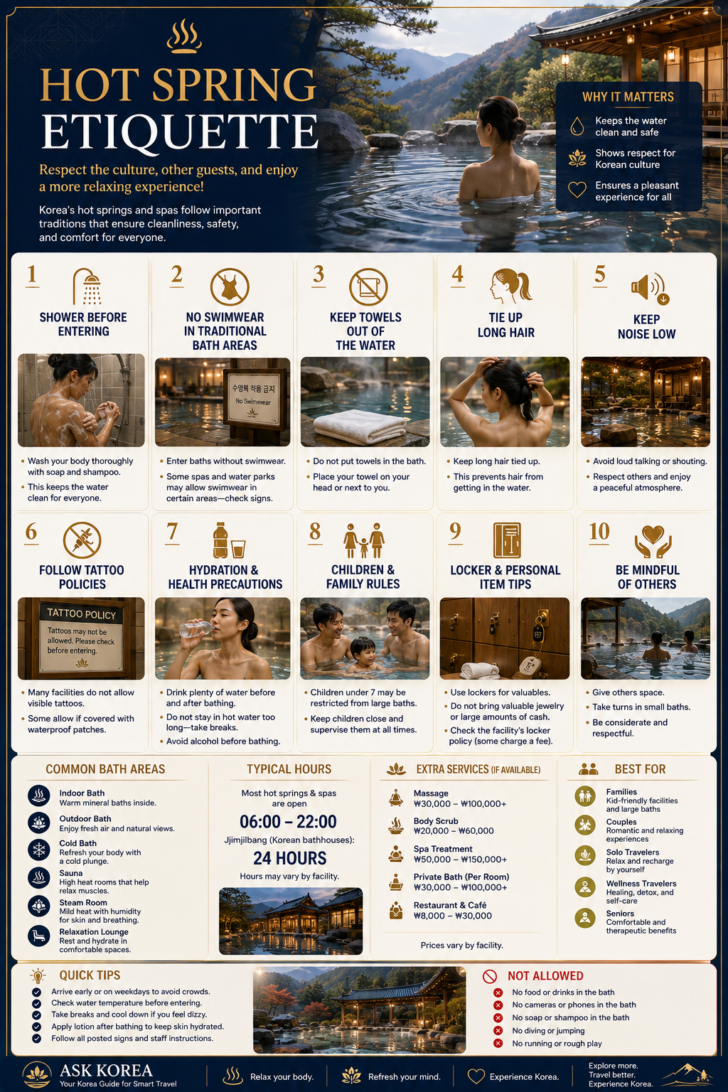 Korea hot spring etiquette infographic — shower before entering, no swimwear, towel rules, hydration, tattoo policies and bath areas