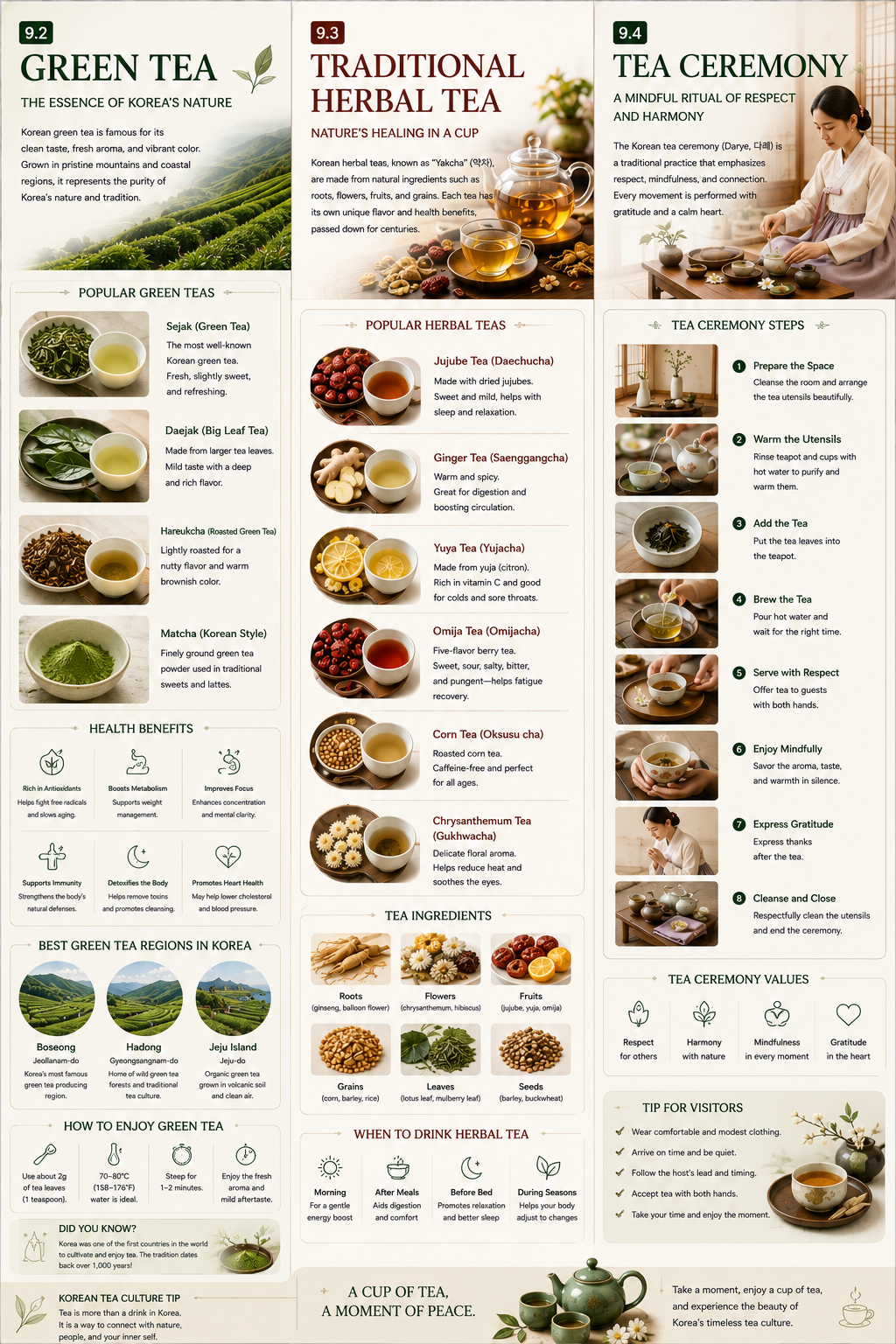Green tea and traditional herbal tea infographic — popular green teas, health benefits, best green tea regions, how to enjoy green tea, popular herbal teas, tea ingredients and when to drink herbal tea