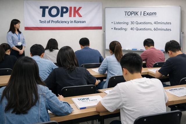 Students in a classroom setting with TOPIK exam information on a whiteboard