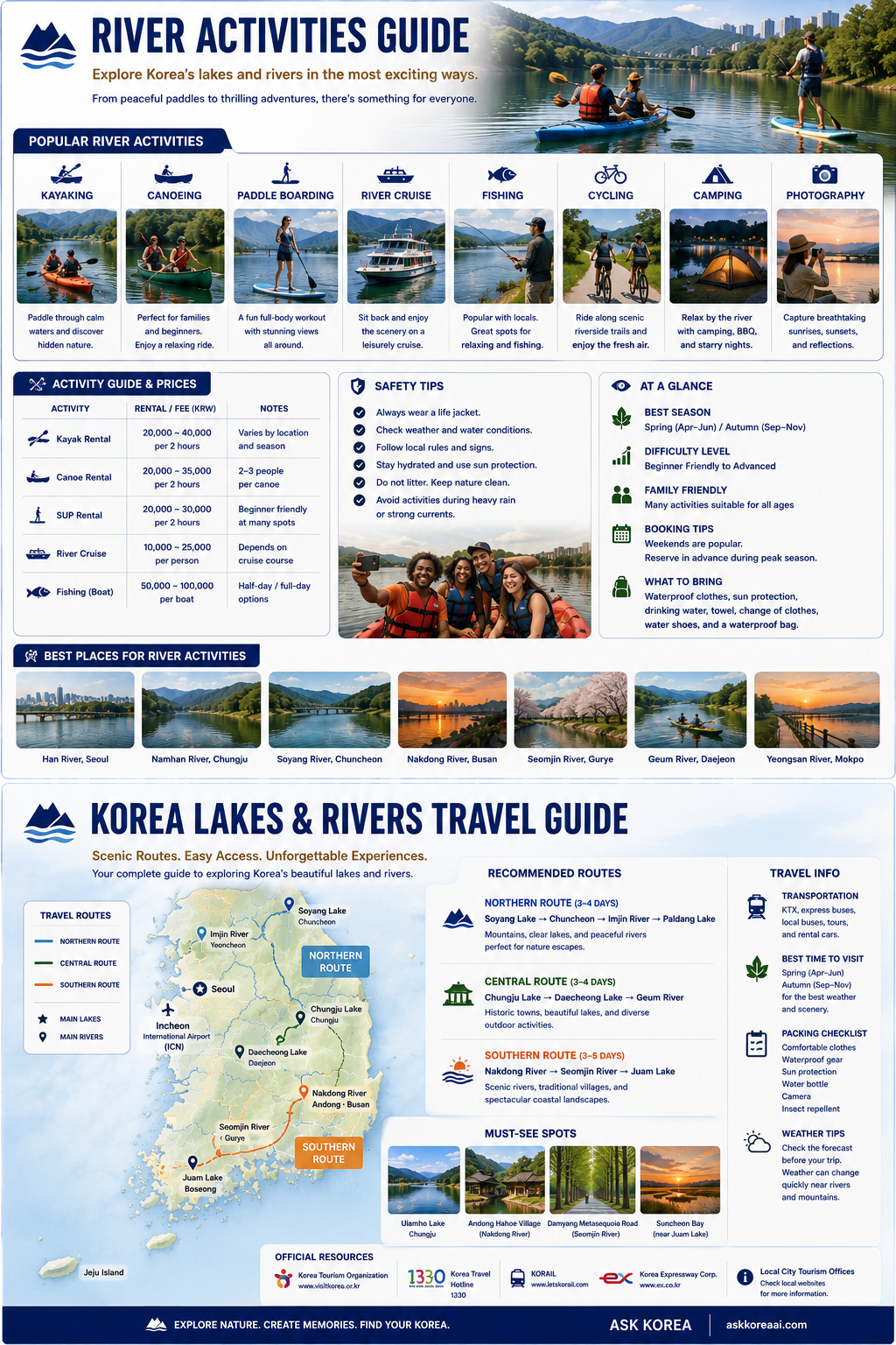 Korea river activities and lakes & rivers travel guide infographic — popular activities, rental prices, safety tips, best places, recommended routes, must-see spots and travel info