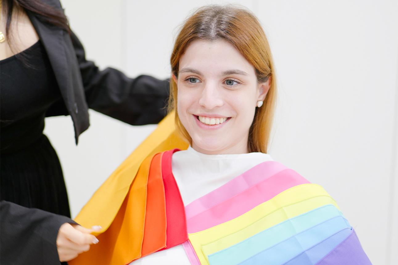 Smiling international visitor during a Korean personal color analysis session