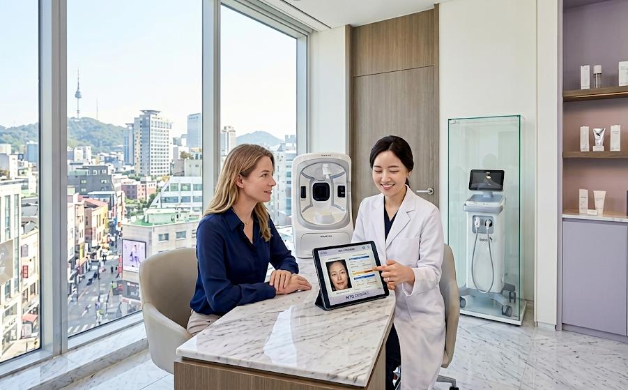 International visitor reviewing her skin analysis results on a tablet with a Korean skincare consultant beside a skin-imaging device in a Seoul studio