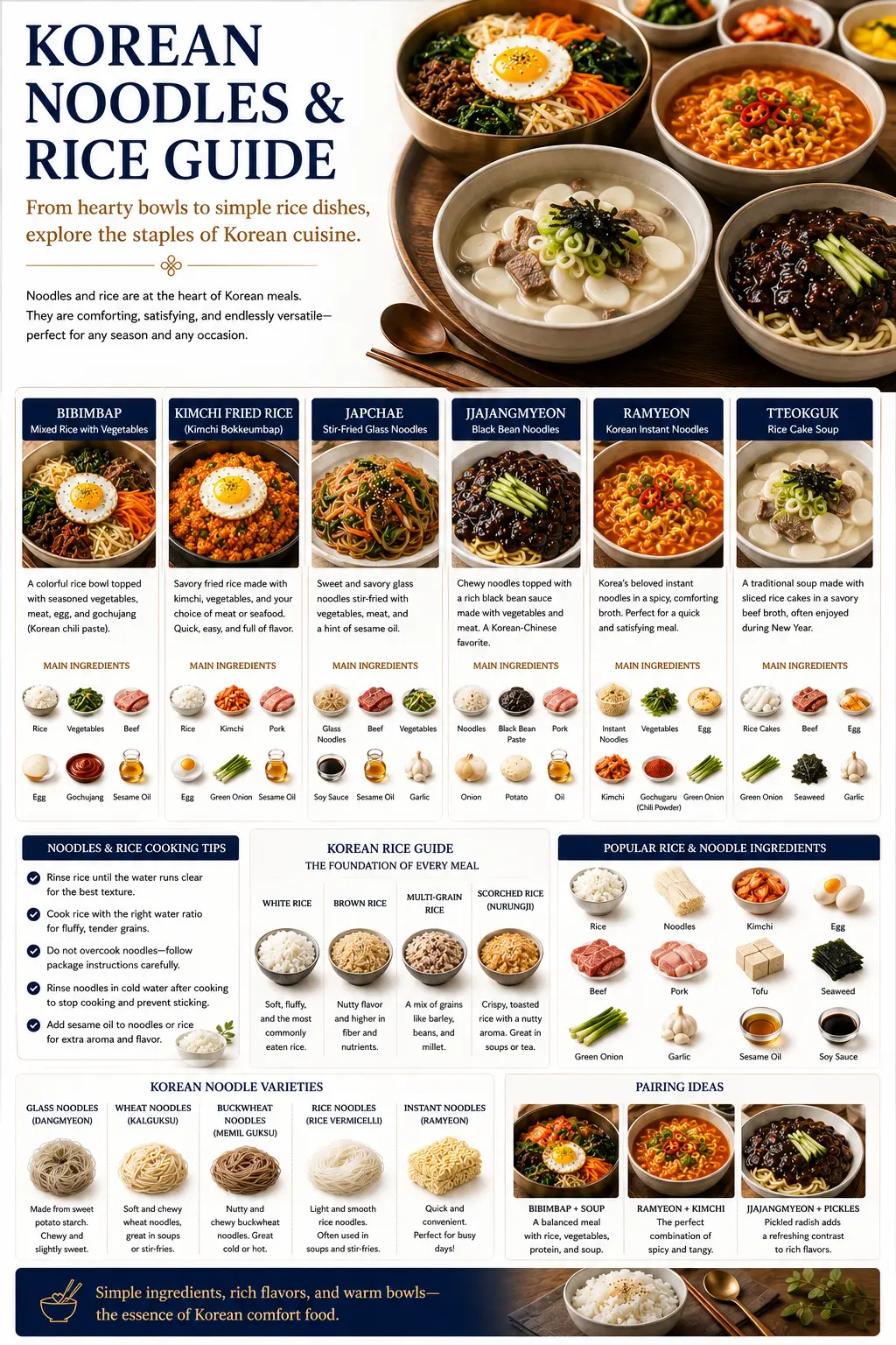 Korean Noodles & Rice Guide — bibimbap, kimchi fried rice, japchae, jjajangmyeon, ramyeon and tteokguk
