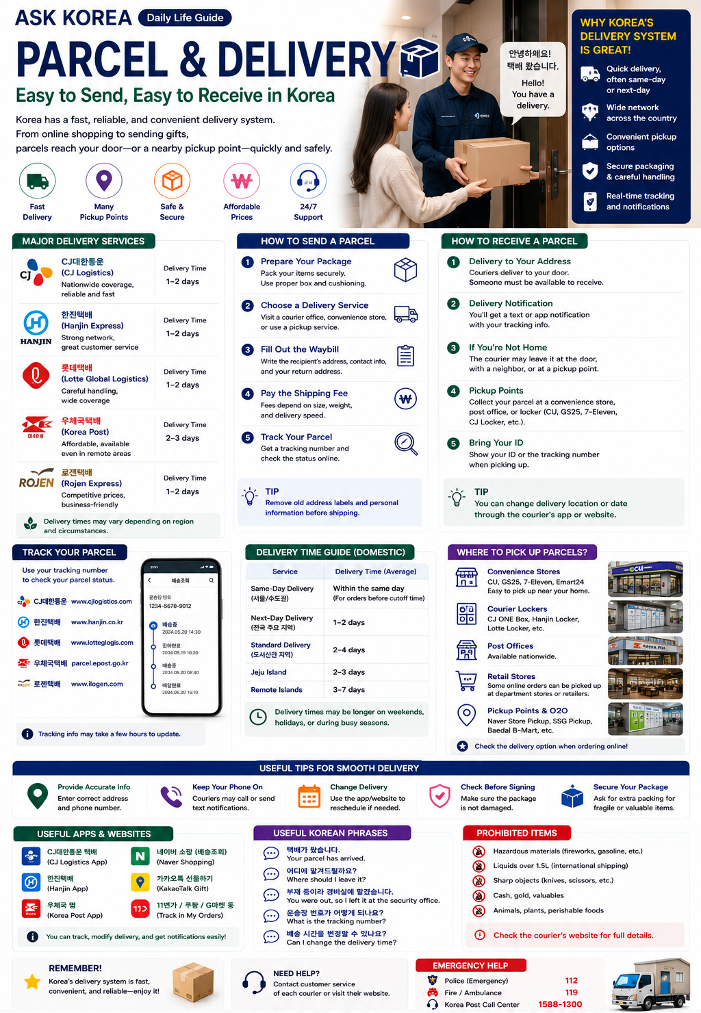 Parcel & Delivery infographic — ASK KOREA guide.