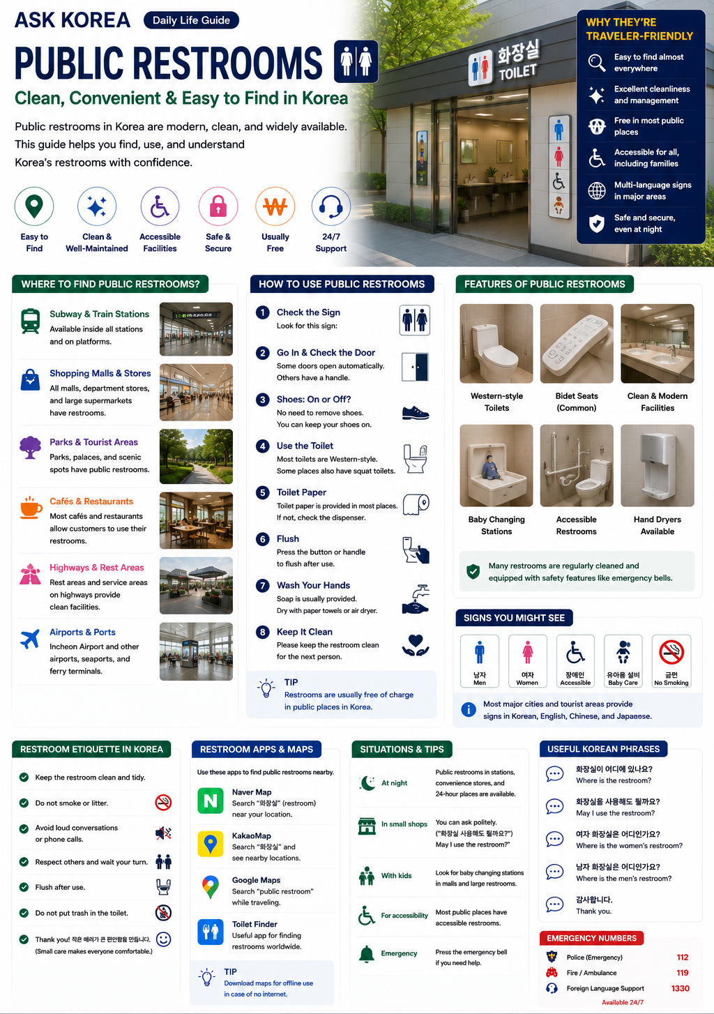 Public Restrooms infographic — ASK KOREA guide.