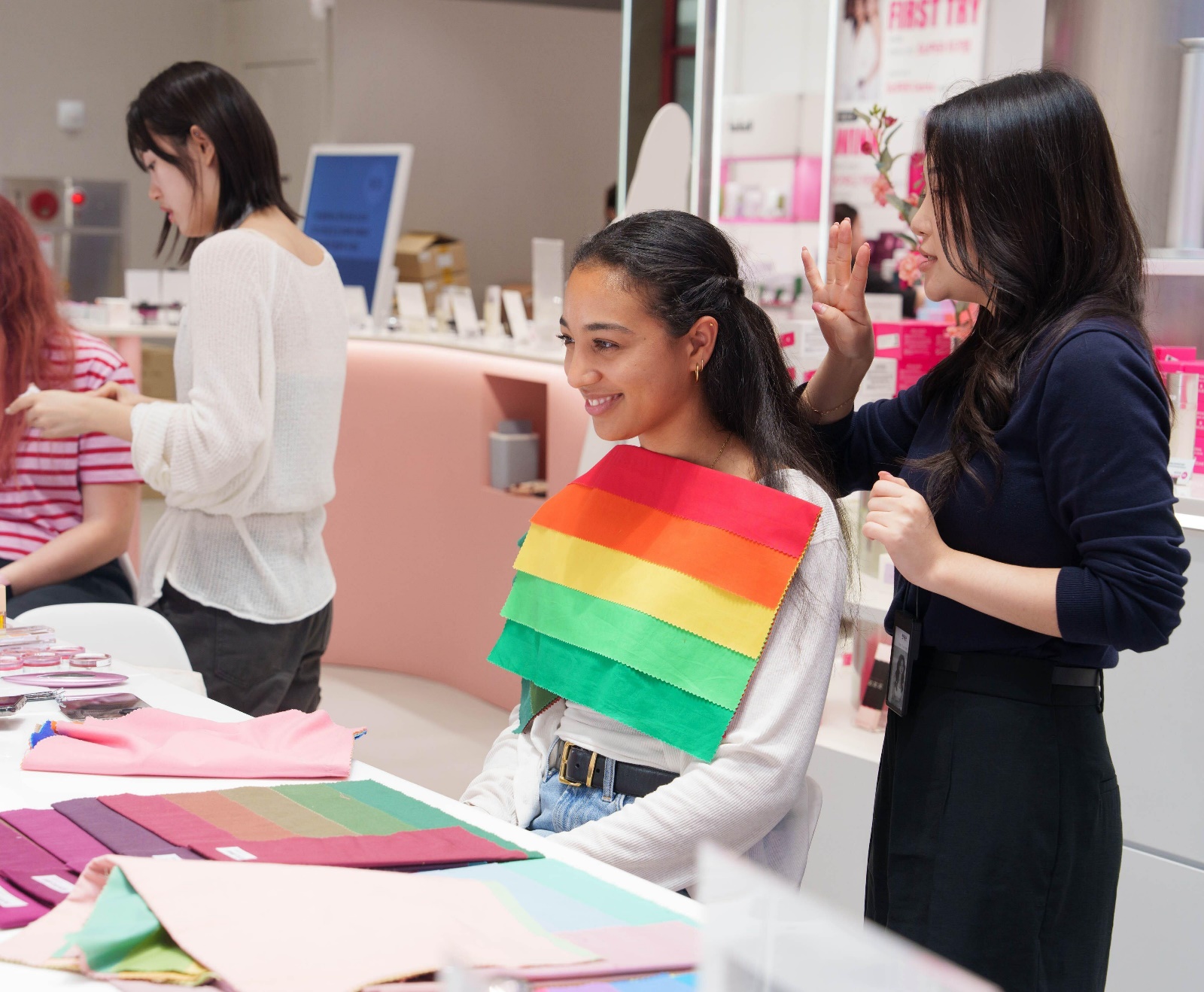 Personal color draping with fabric samples during a Seoul beauty consultation