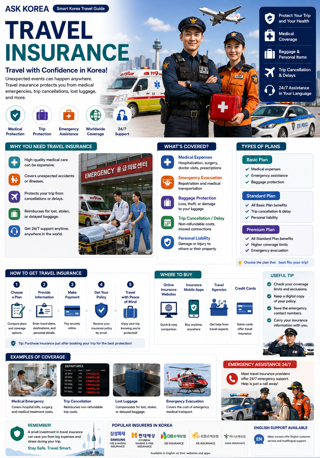 Travel Insurance infographic — ASK KOREA guide.