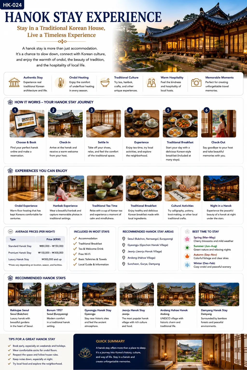Hanok stay experience infographic — how a Hanok stay works, experiences you can enjoy, average prices, what is included, recommended areas and best time to stay