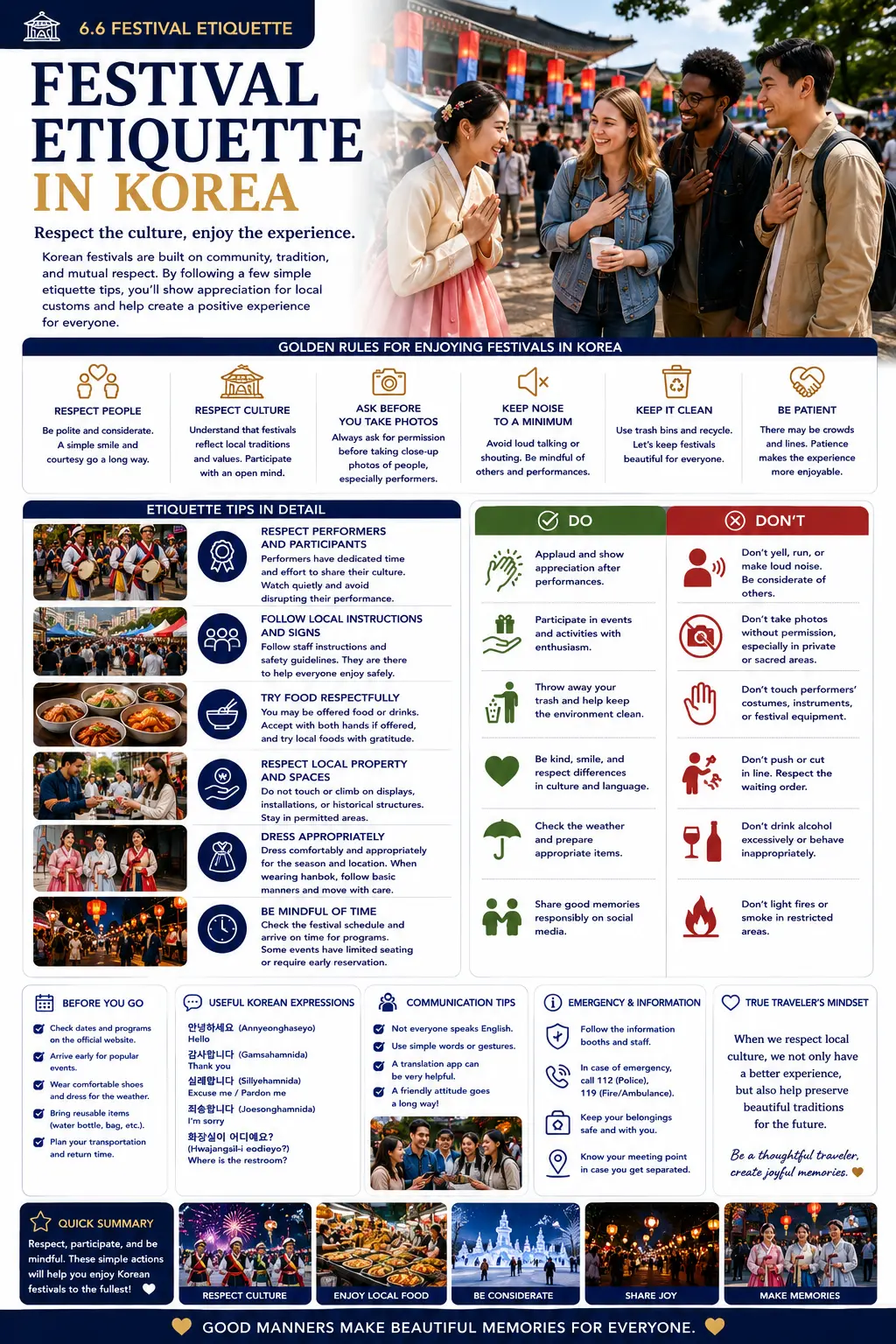 Festival etiquette in Korea infographic — golden rules for enjoying festivals, etiquette tips in detail, do and don't guidance, before you go, communication tips and emergency information