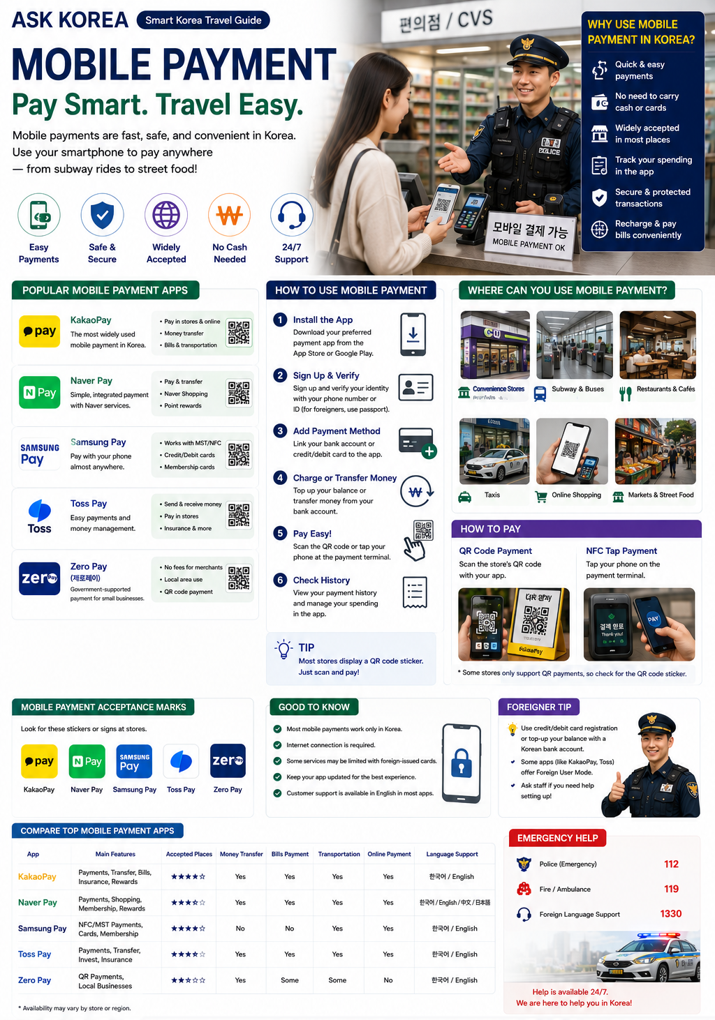 Mobile Payment in Korea — ASK KOREA infographic covering KakaoPay, Naver Pay, Samsung Pay, Toss Pay, Zero Pay, how to use them, where they work and a full feature comparison.