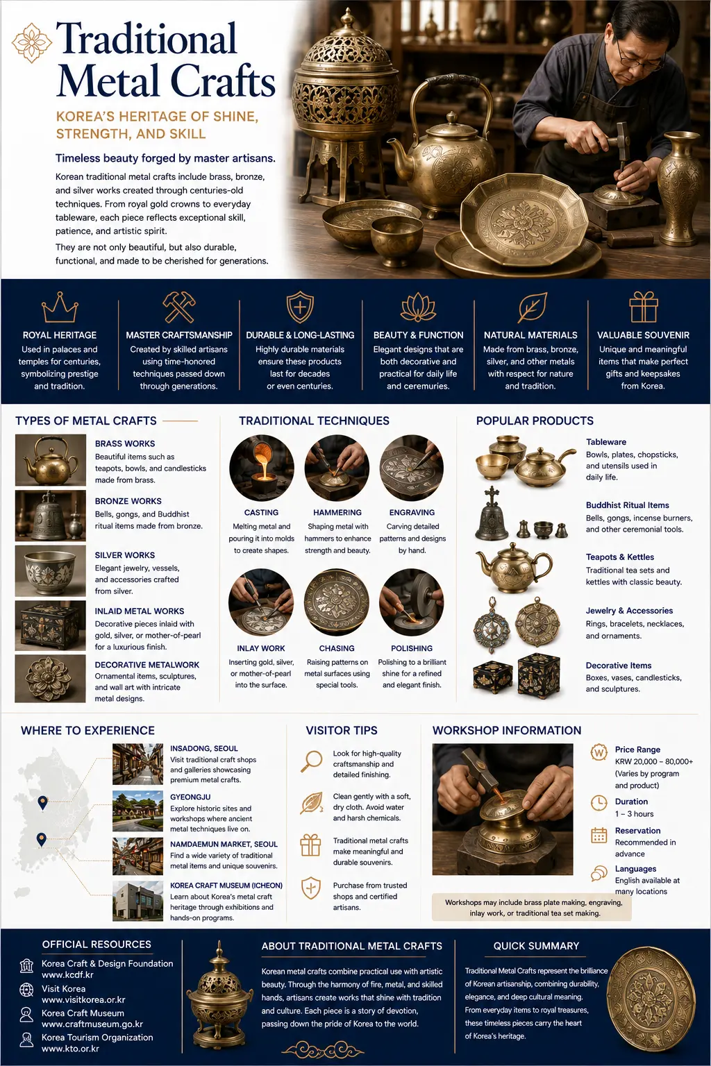 Traditional metal crafts infographic — royal heritage, master craftsmanship, durability, types of metal crafts, traditional techniques, popular products, where to experience them and workshop information