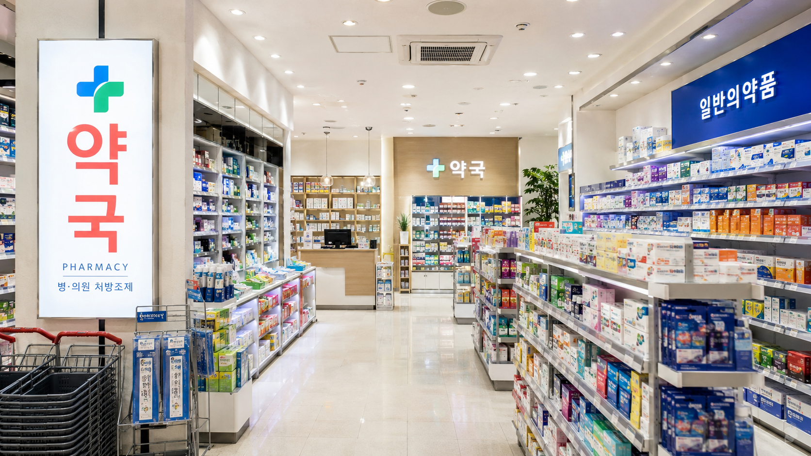 Aisles of a large Korean pharmacy stocked with medicines and health products