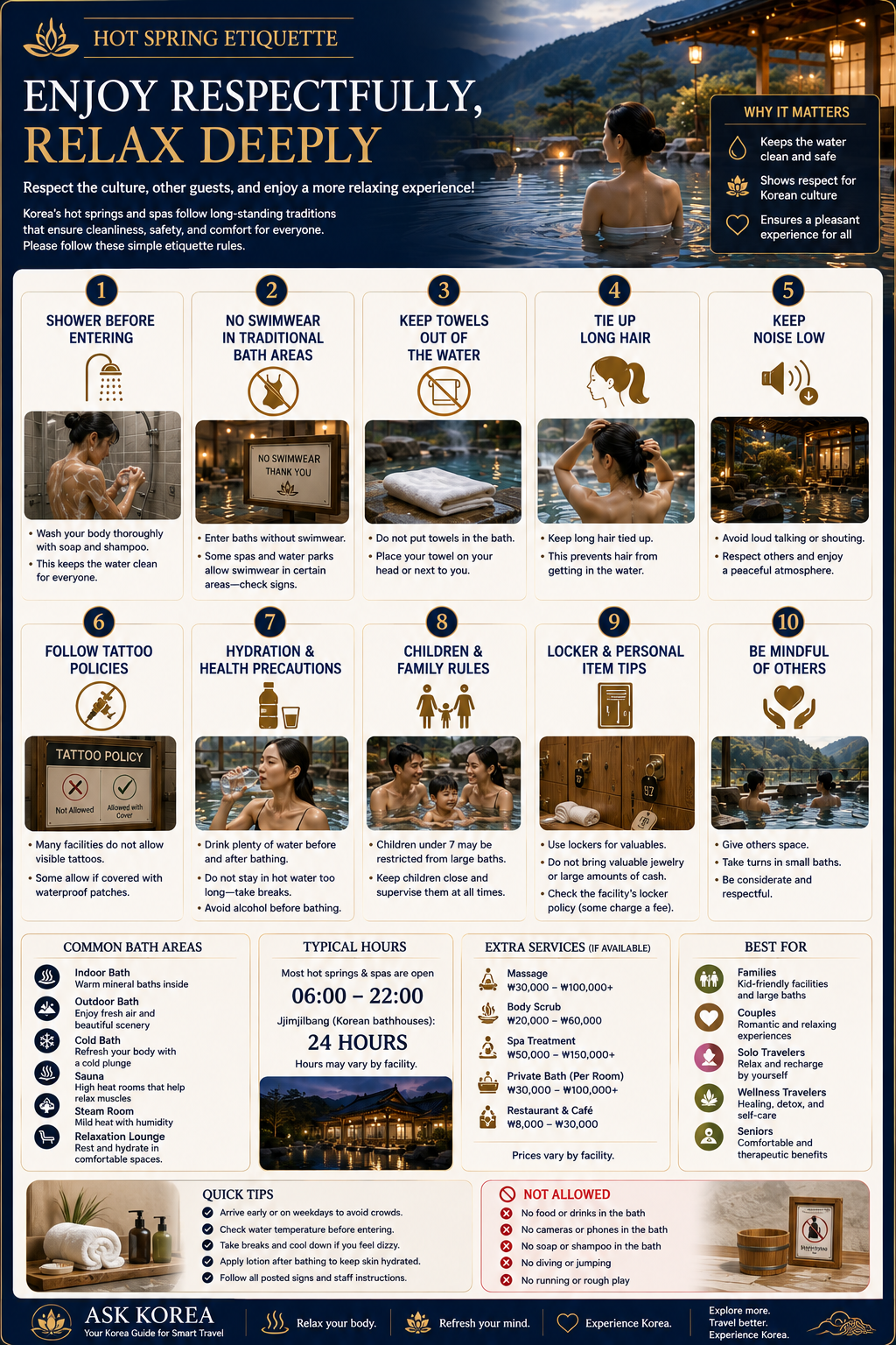Korea hot spring etiquette and travel guide infographic — ten etiquette rules, common bath areas, typical hours, extra services and quick tips