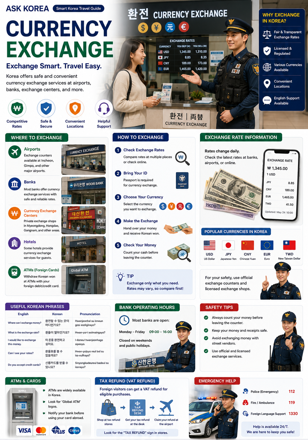 Currency Exchange infographic — ASK KOREA guide.