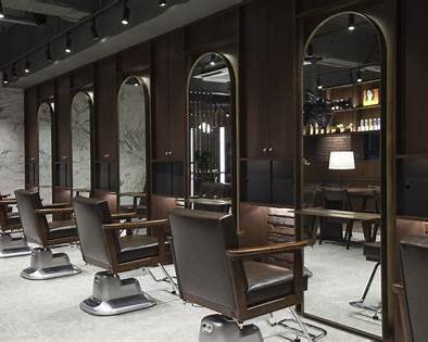 Styling chairs and tall mirrors along the wall of a contemporary Seoul hair salon