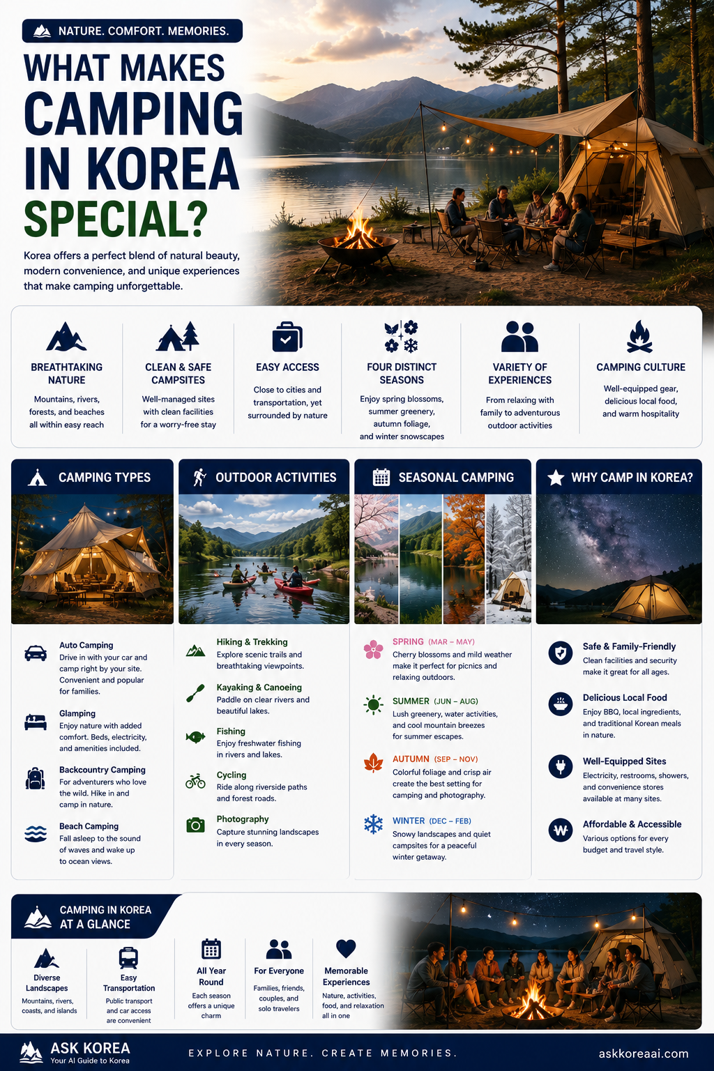 What makes camping in Korea special infographic — breathtaking nature, clean campsites, easy access, four seasons, camping types, outdoor activities, seasonal camping and why camp in Korea