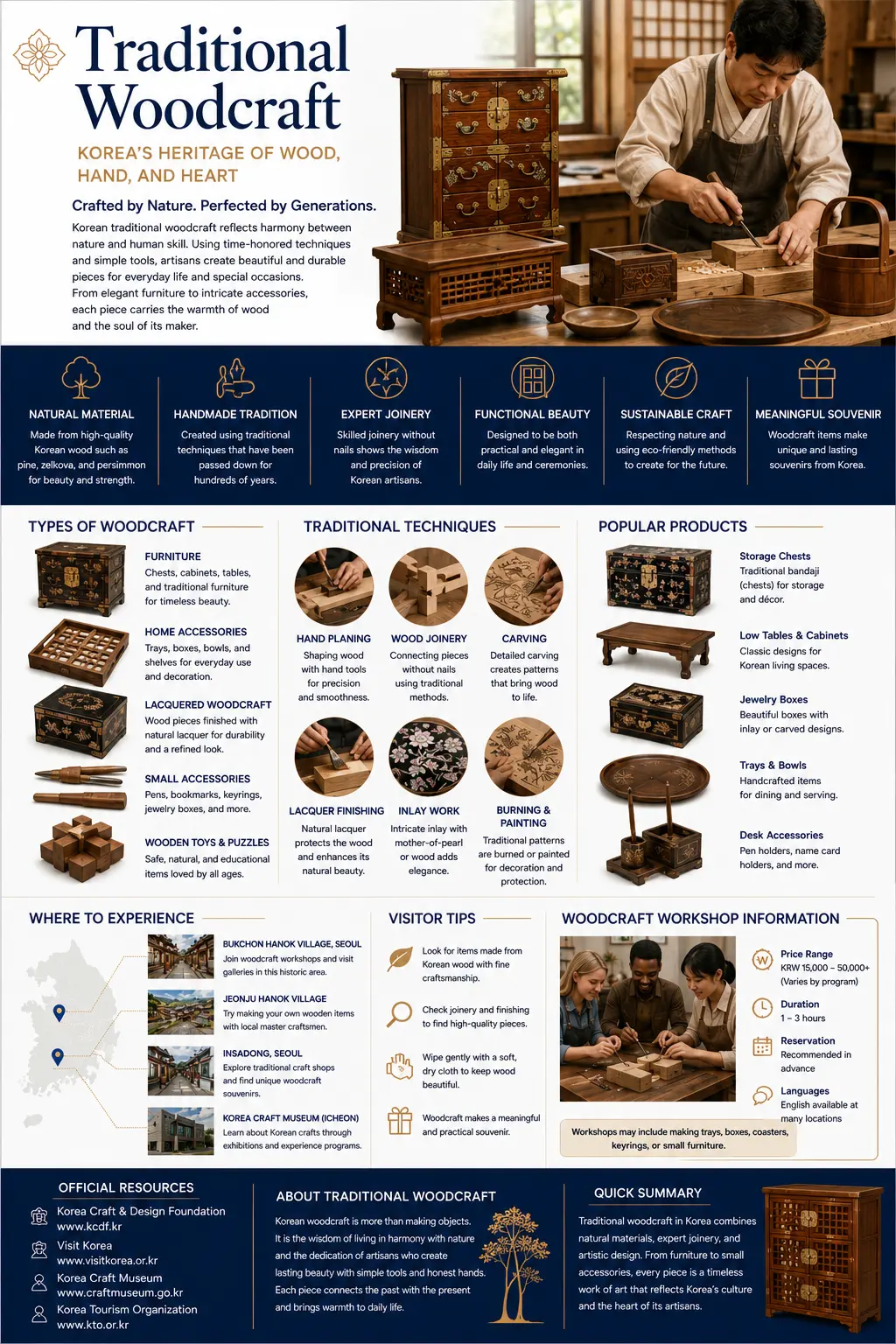 Traditional woodcraft infographic — natural material, handmade tradition, expert joinery, types of woodcraft, traditional techniques, popular products, where to experience it and workshop information