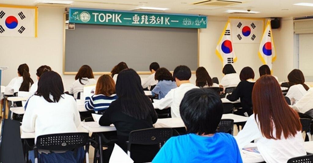 A classroom full of students sitting at desks facing a chalkboard with a TOPIK banner.