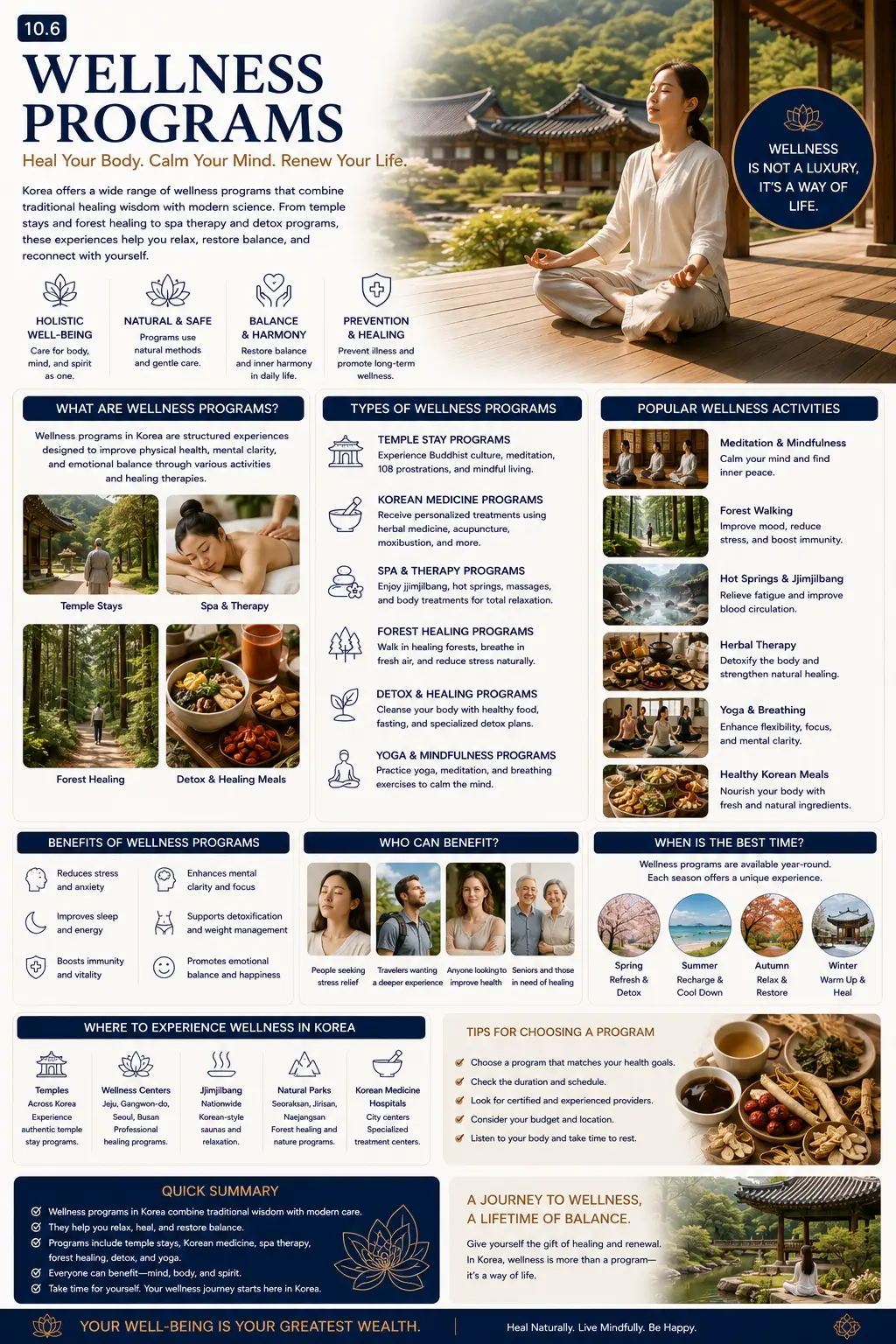 Wellness programs infographic — what wellness programs are, types of programs, popular wellness activities, benefits, who can benefit, best seasons, where to experience wellness in Korea and tips for choosing a program