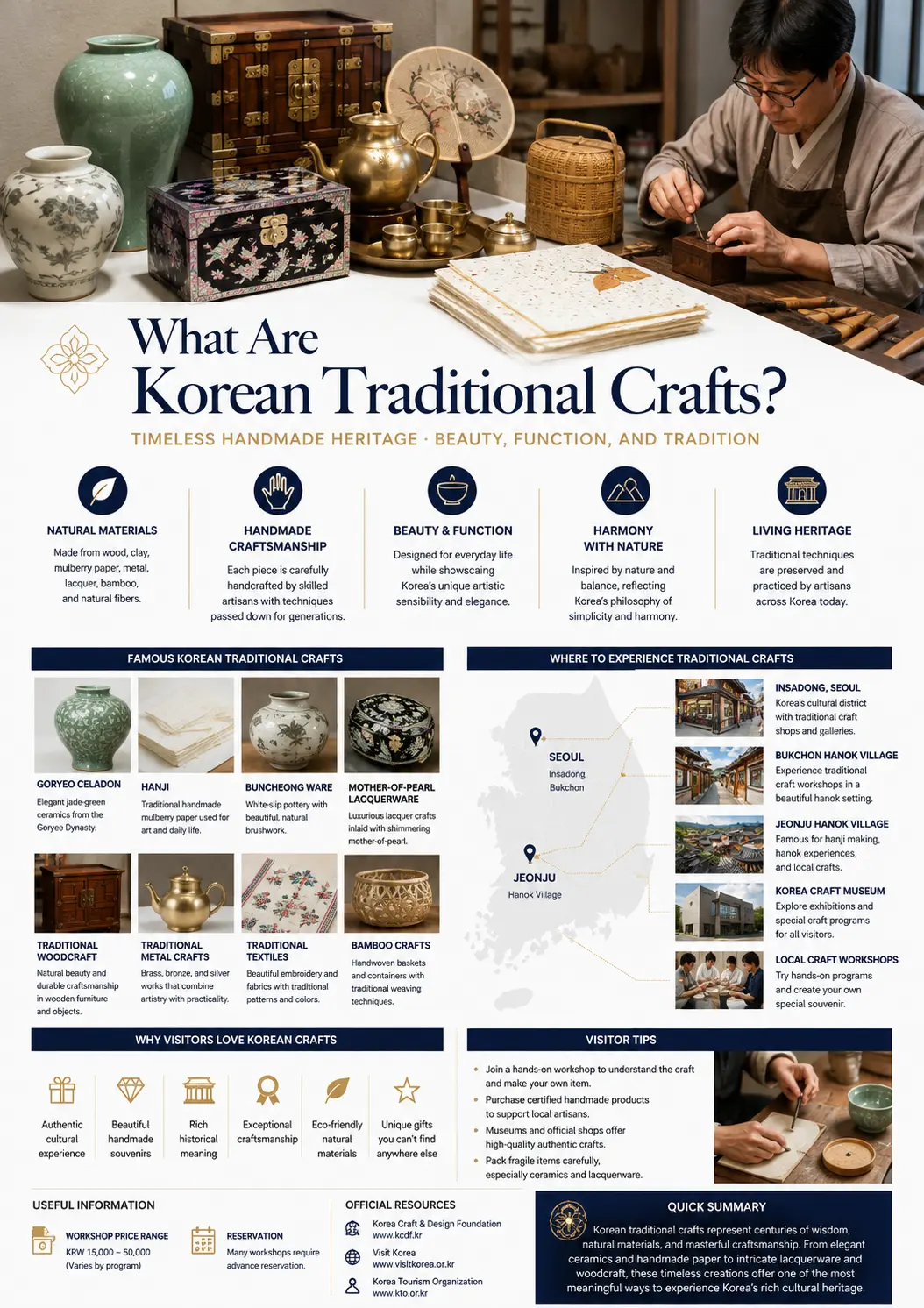 What are Korean traditional crafts infographic — natural materials, handmade craftsmanship, beauty and function, harmony with nature, living heritage, famous crafts and where to experience them