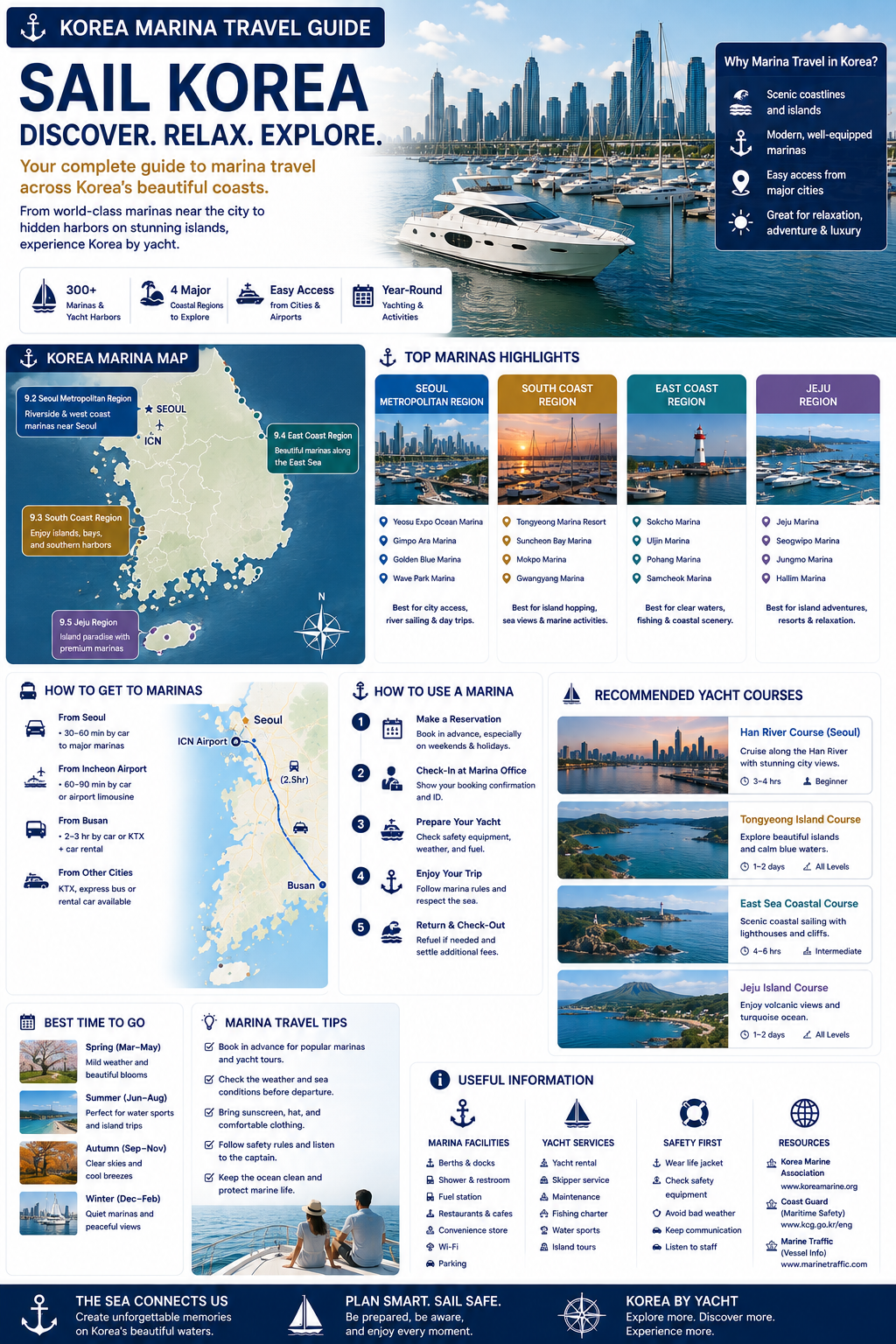 Korea marina travel guide infographic — marina map, top marina highlights by region, how to get there, how to use a marina, recommended yacht courses, best time to go and travel tips