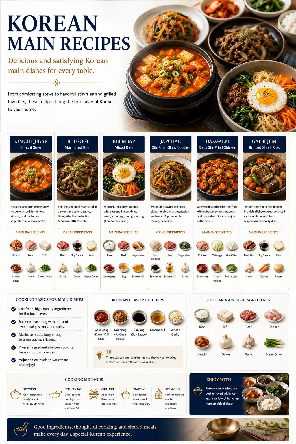 Korean Main Recipes — kimchi jjigae, bulgogi, bibimbap, japchae, dakgalbi and galbi jjim