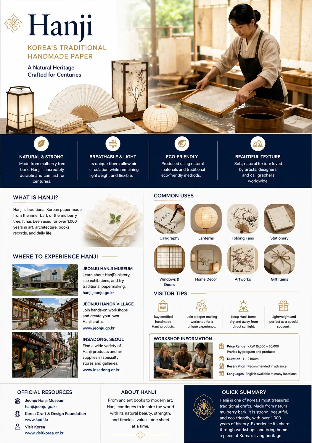 Hanji infographic — natural and strong, breathable and light, eco-friendly, beautiful texture, common uses, where to experience Hanji and workshop information