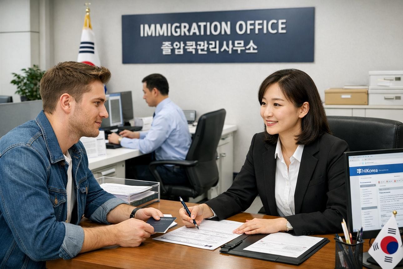 A man and a woman sitting at a desk in an immigration office, with the woman appearing to be an official assisting the man with paperwork.