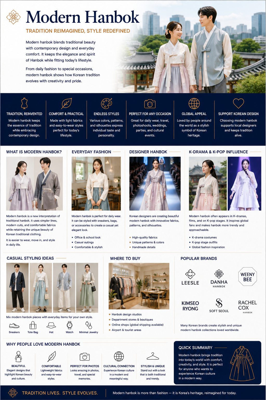 Modern Hanbok infographic — everyday fashion, designer Hanbok, K-drama and K-pop influence, casual styling ideas, where to buy and popular brands