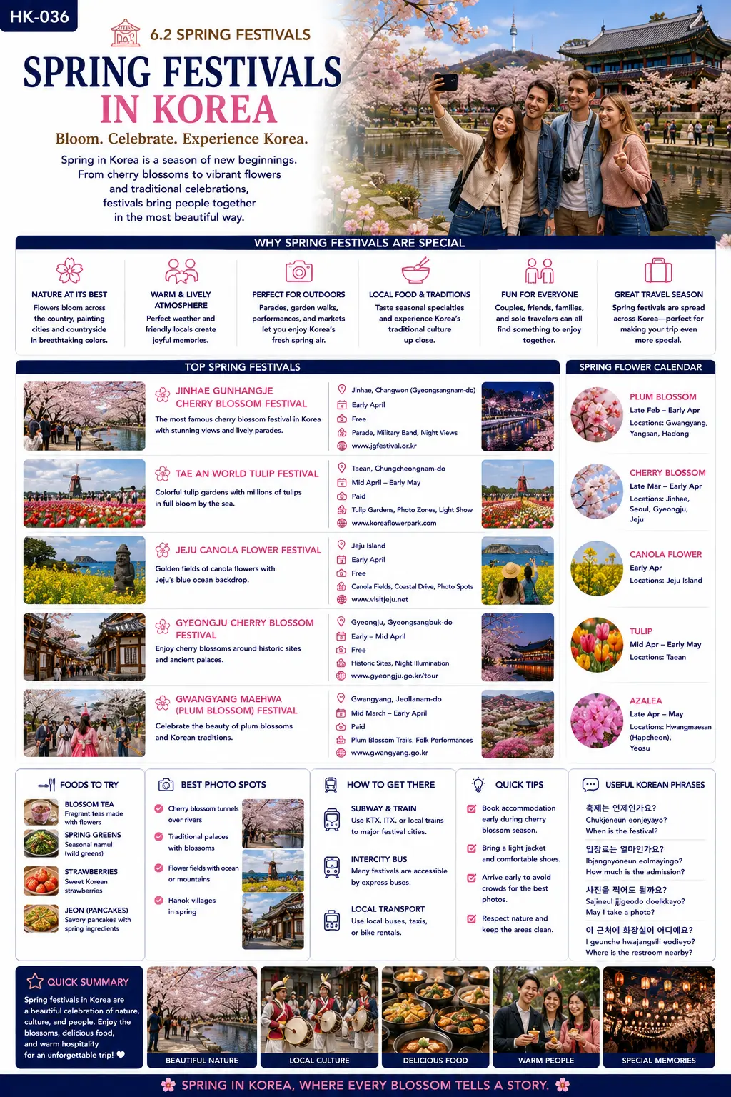 Spring festivals in Korea infographic — why spring festivals are special, top spring festivals, spring flower calendar, foods to try, best photo spots, how to get there and quick tips