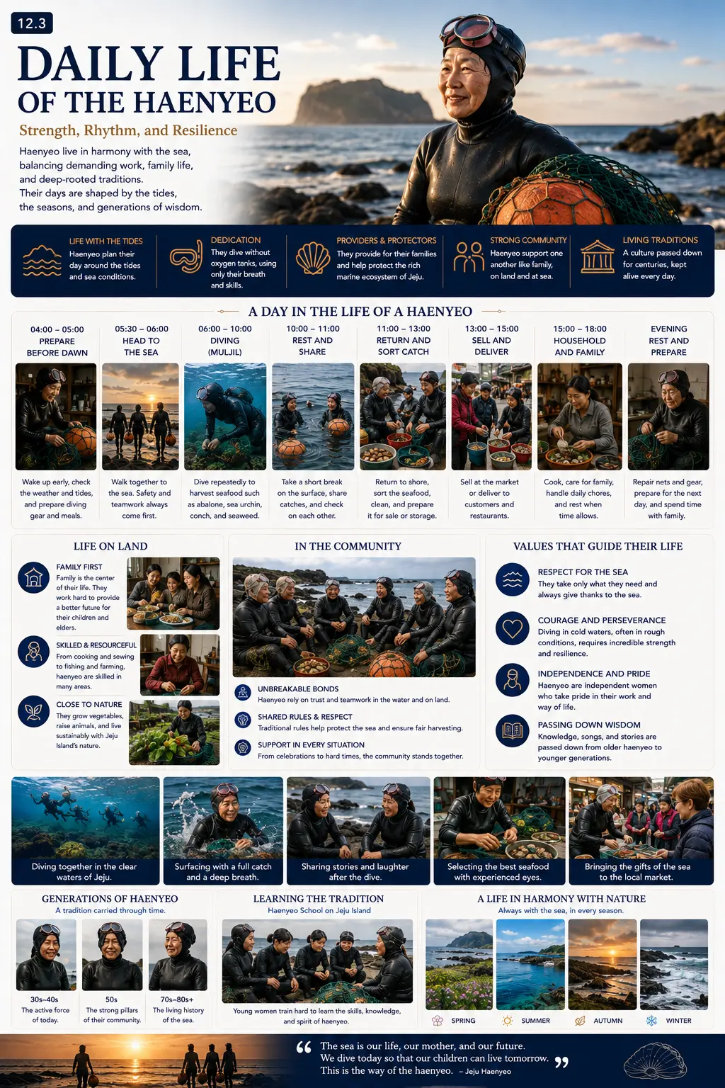 Daily life of the haenyeo infographic — a day in the life from dawn preparation to evening rest, life on land, community bonds and the values that guide their life