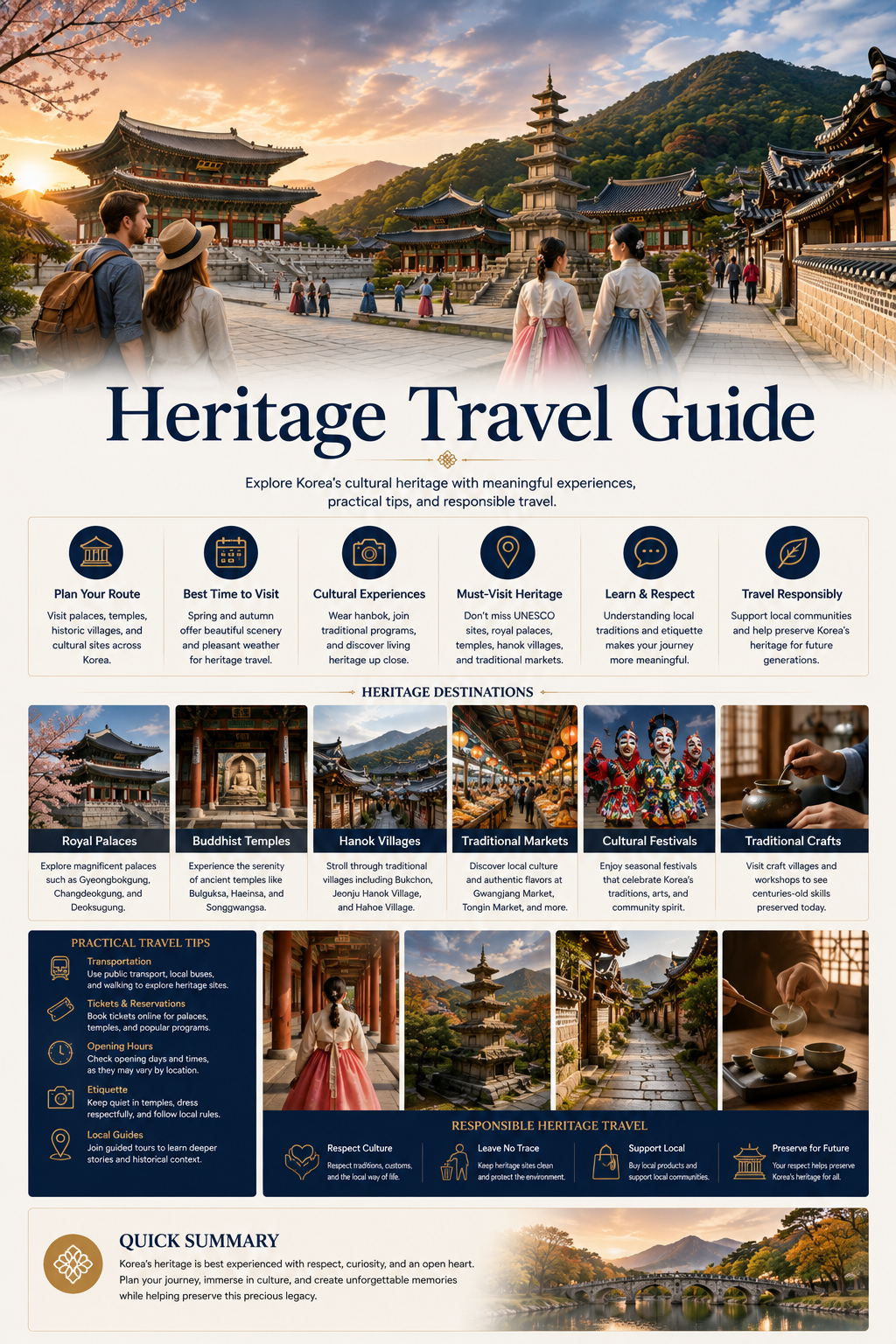 Heritage travel guide infographic — plan your route, best time to visit, cultural experiences, must-visit heritage, heritage destinations and responsible travel tips