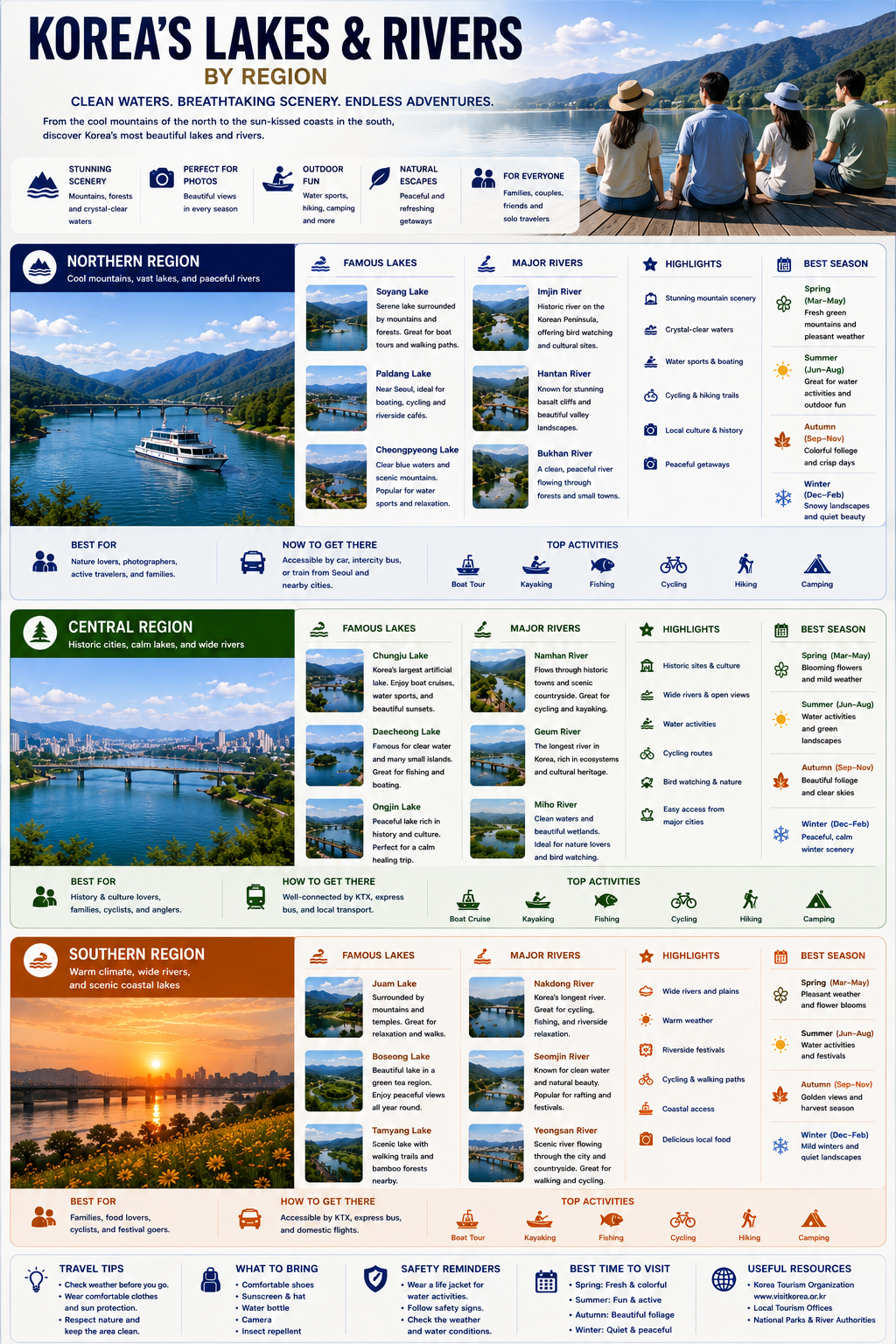 Korea's lakes and rivers by region infographic — Northern, Central and Southern regions with famous lakes, major rivers, highlights, best seasons and top activities